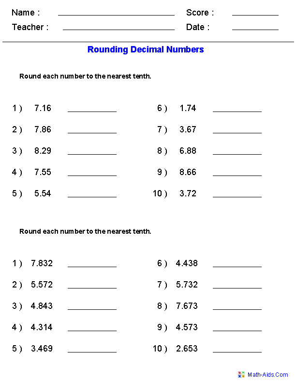 Rounding Worksheets with Decimals