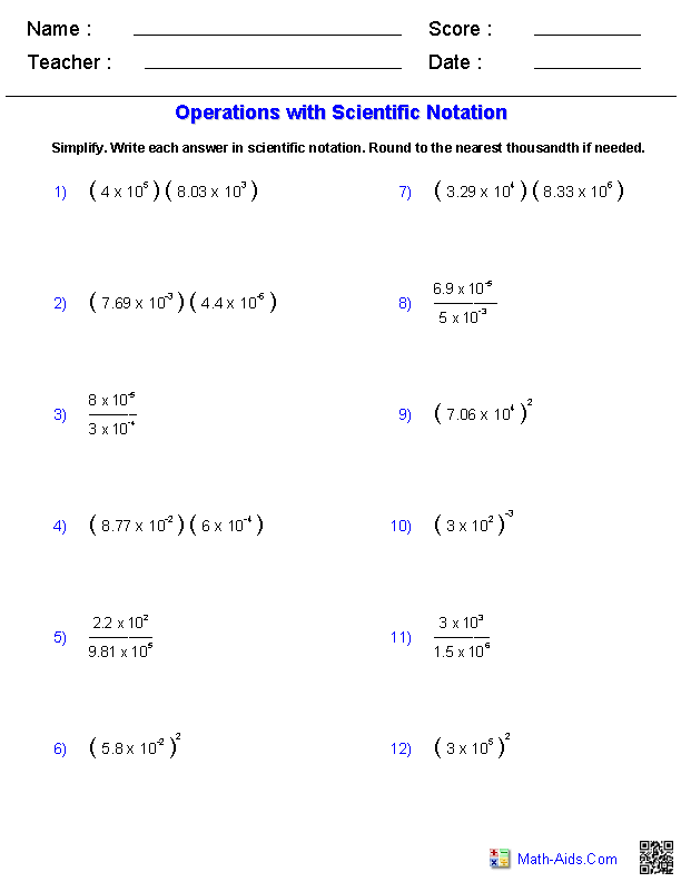 Operations with Scientific Notation Exponents Worksheets
