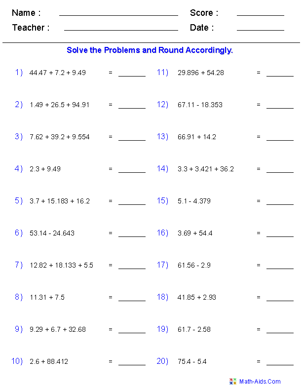 Adding & Subtracting with Significant Figures Significant Figures Worksheets