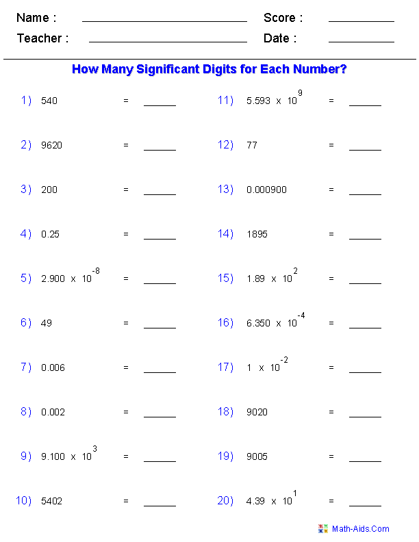 Identify Significant Digits Significant Figures Worksheets