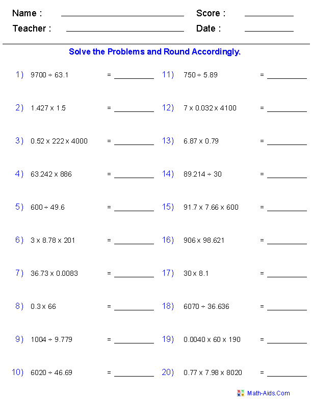 Multiplying & Dividing with Significant Figures Significant Figures Worksheets