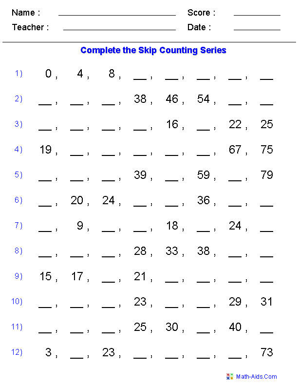 Easy Skip Counting Patterns Worksheets