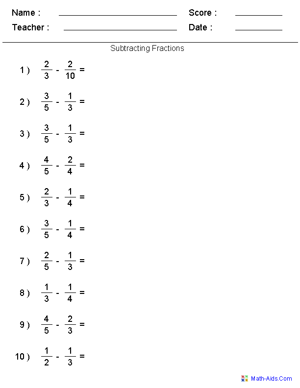 Subtraction Of Similar Fractions Worksheets
