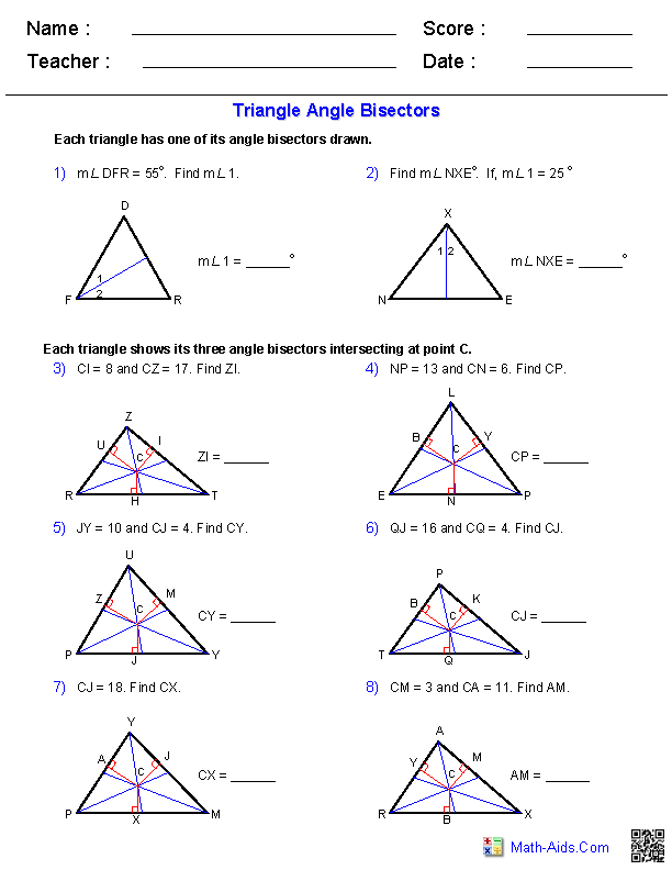 Angle Bisectors Geometry Worksheets