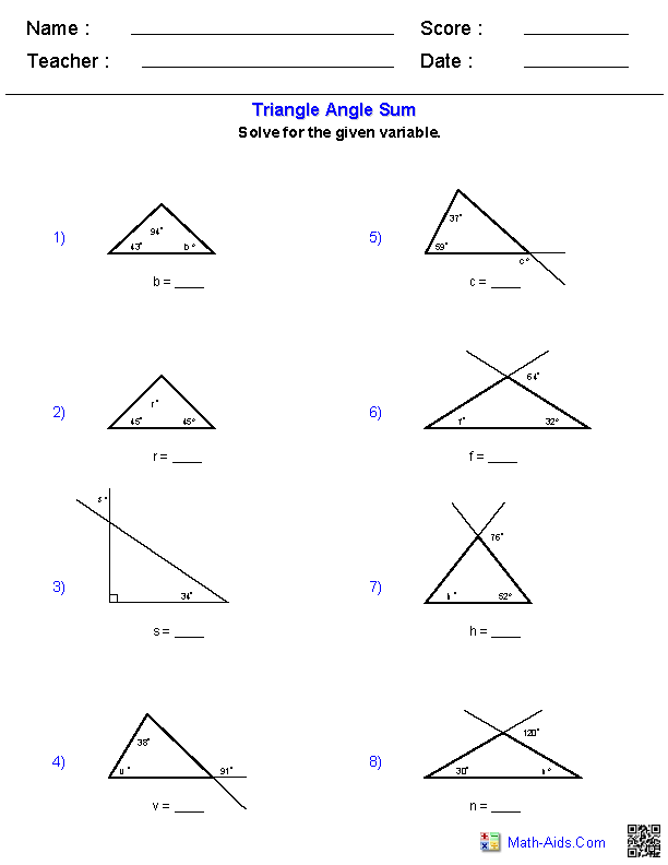 Triangle Angle Sum Geometry Worksheets