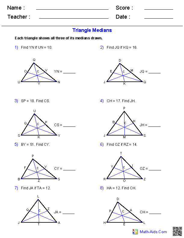 Calculate Medians of Triangles Geometry Worksheets