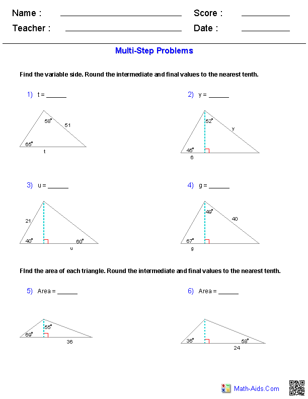 Multi-Step Problems Trigonometry Worksheets