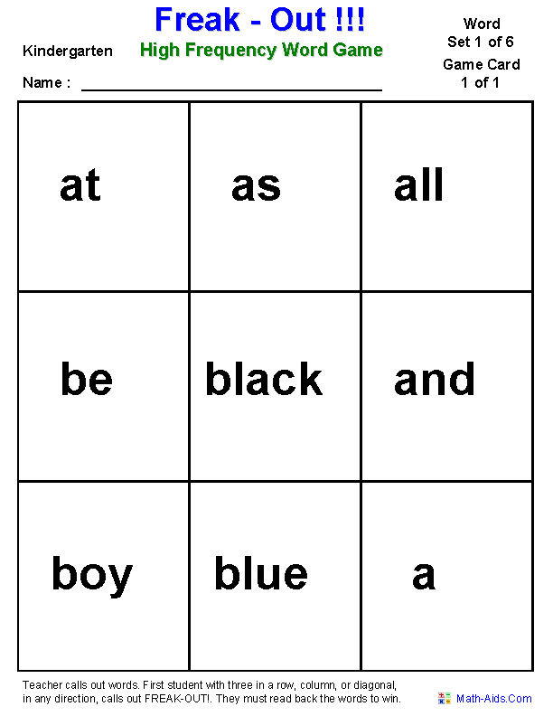 Freak-Out Kindergarten Word Games Worksheets