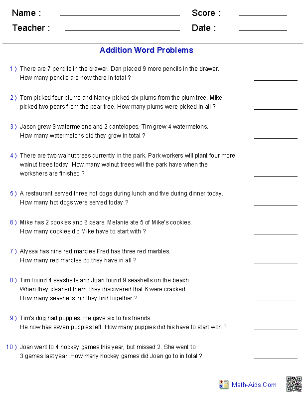Free Math Word Problem Worksheet