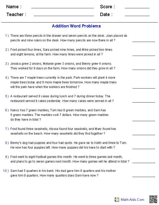 English Word Problems Worksheets