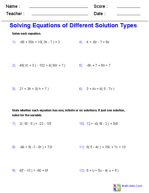 Solving Equations With Variables Worksheets