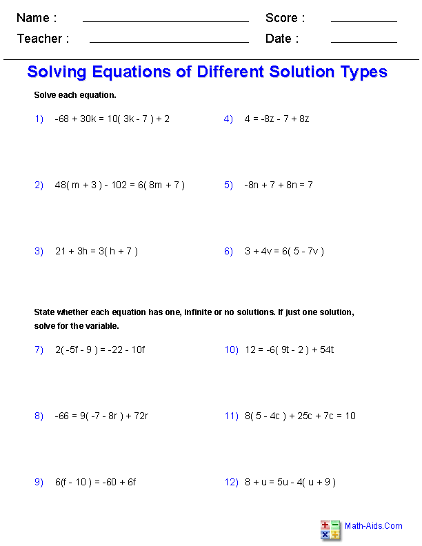 Algebra 1 Worksheets Equations Worksheets