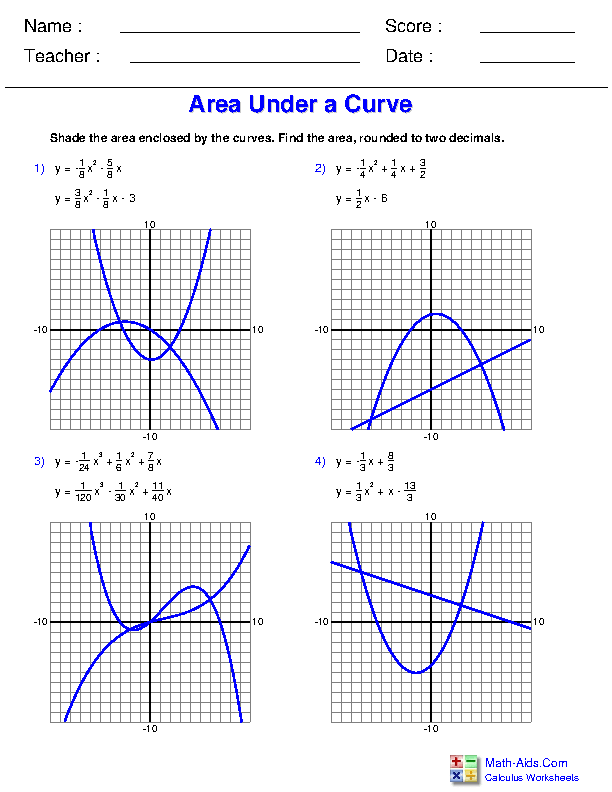 Area Between Curves Worksheet Math 125