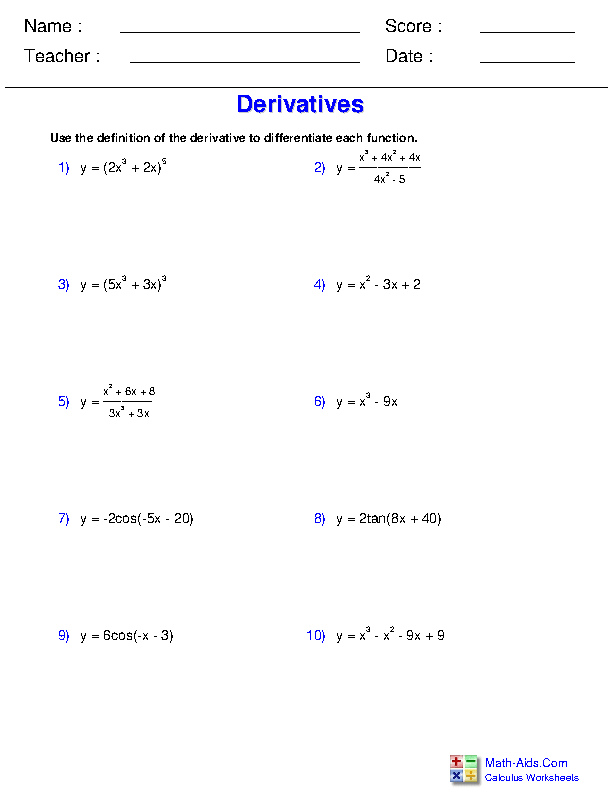 Derivative Worksheet Pdf : Calculus Worksheet - Derivatives by