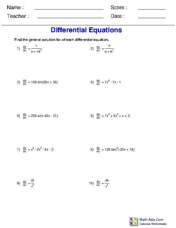 Calculus Worksheets | Differential Equations for Calculus Worksheets