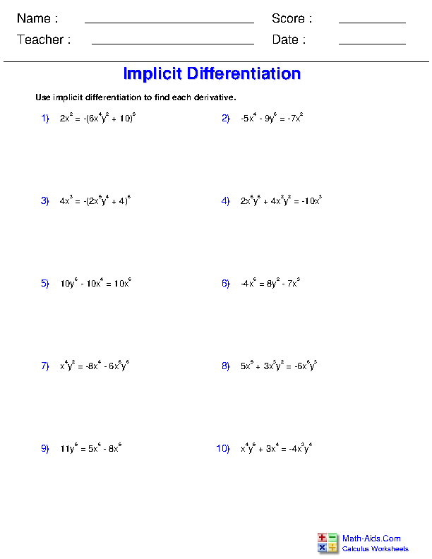 Calculus Worksheets | Differentiation Rules for Calculus Worksheets