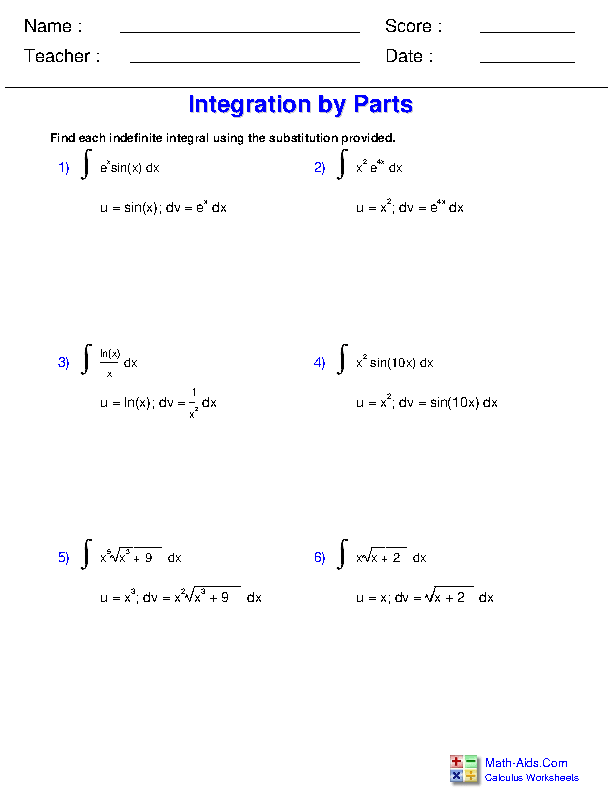Calculus Worksheets | Indefinite Integration for Calculus Worksheets