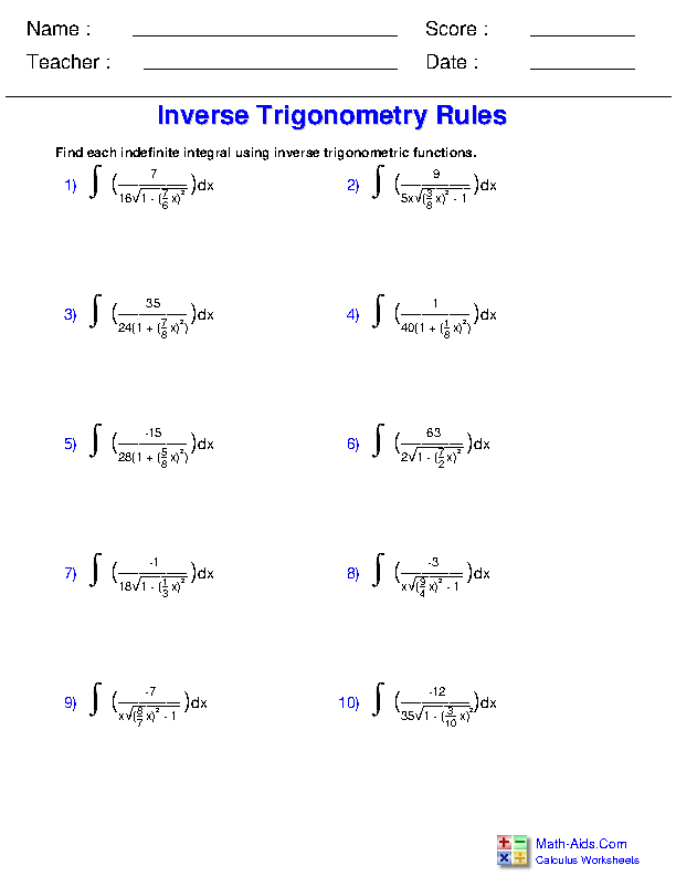 Calculus Worksheets Indefinite Integration Worksheets