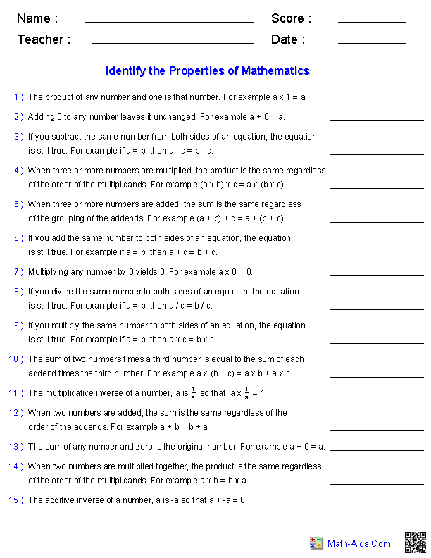 Properties Of Math Worksheet