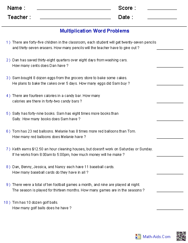 2 By 2 Multiplication Word Problems Worksheets
