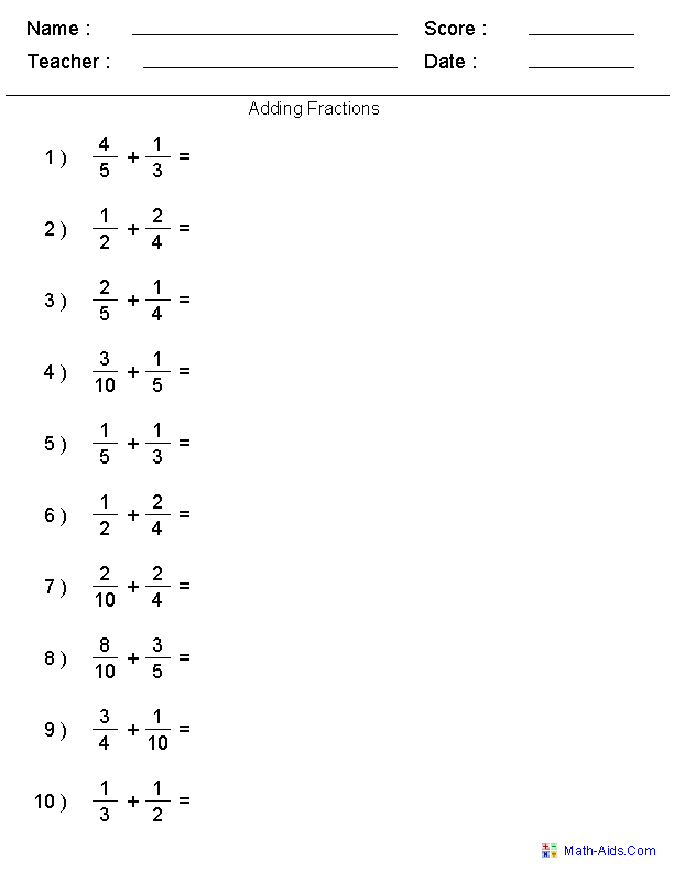 Math Worksheets Adding Fractions