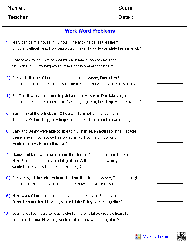 Algebra 1 Worksheets Word Problems Worksheets