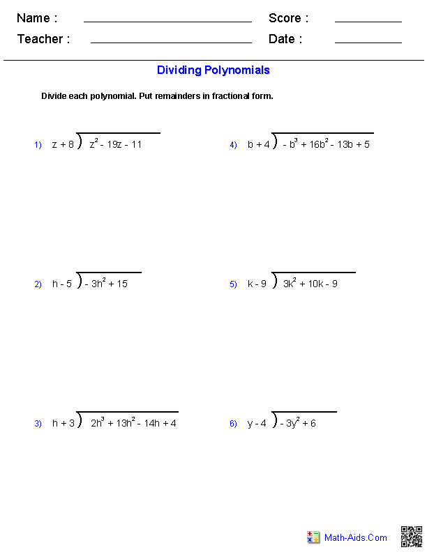 Polynomial Long Division Multiple Choice Worksheet