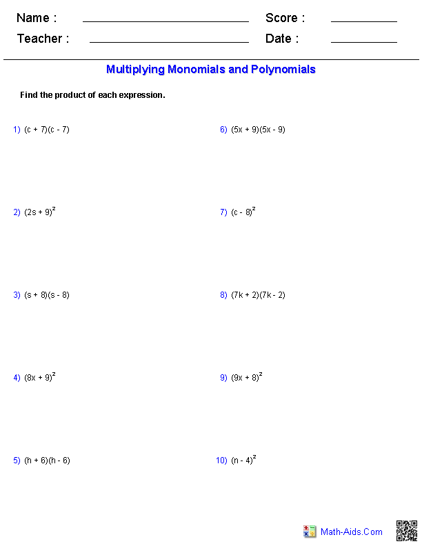 Algebra 1 Worksheets | Monomials and Polynomials Worksheets
