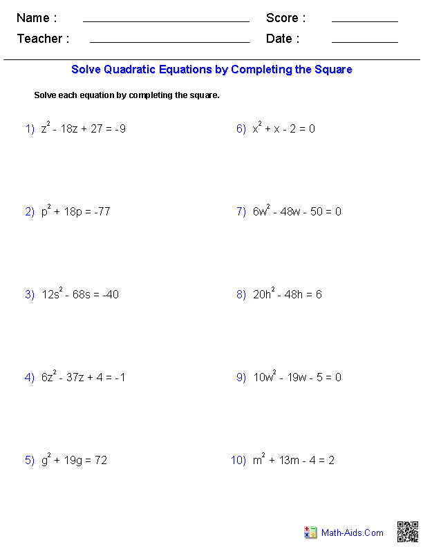 Algebra 1 Worksheets | Quadratic Functions Worksheets