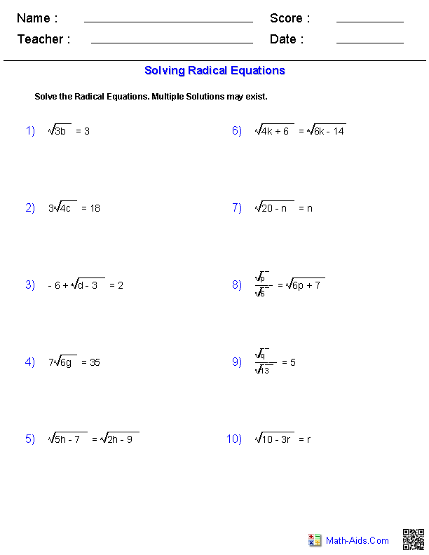Exponents and Radicals Worksheets | Exponents & Radicals Worksheets for
