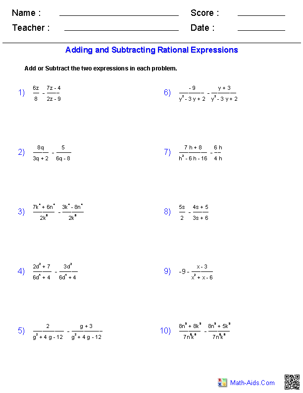 Algebra 2 Worksheets | Rational Expressions Worksheets