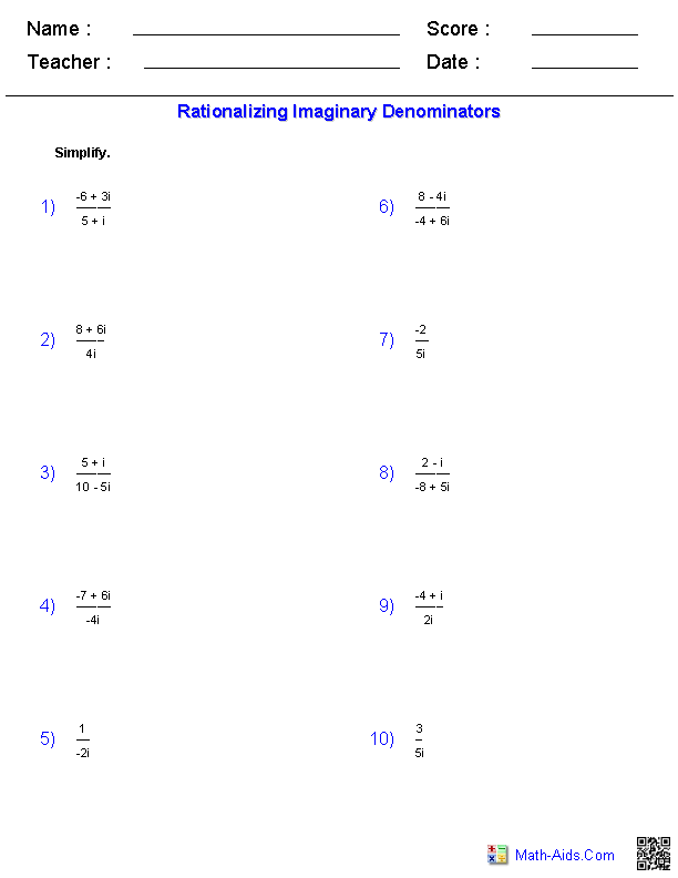 Algebra 2 Imaginary Numbers Worksheet