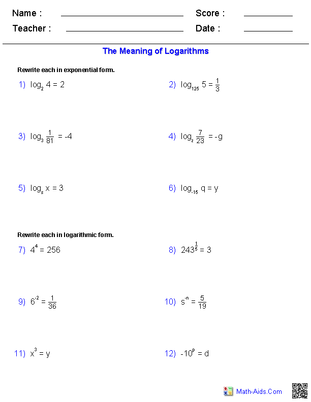 Algebra 2 Worksheets | Exponential and Logarithmic Functions Worksheets