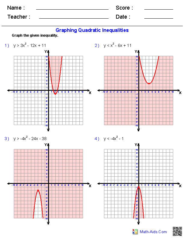 Algebra 2 Worksheets Quadratic Functions And Inequalities Worksheets