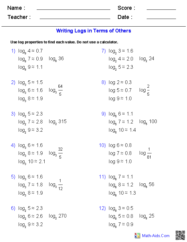 Algebra 2 Worksheets | Exponential and Logarithmic Functions Worksheets