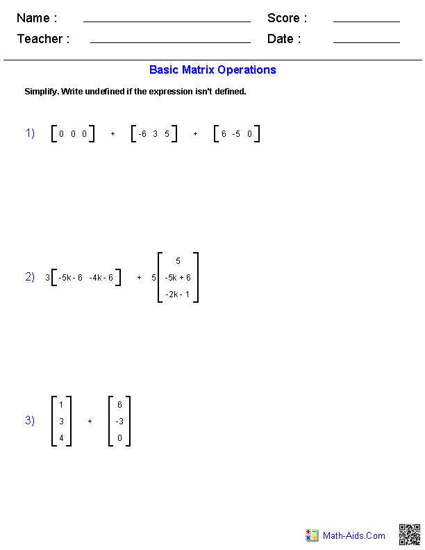 Algebra 2 Worksheets Matrices Worksheets