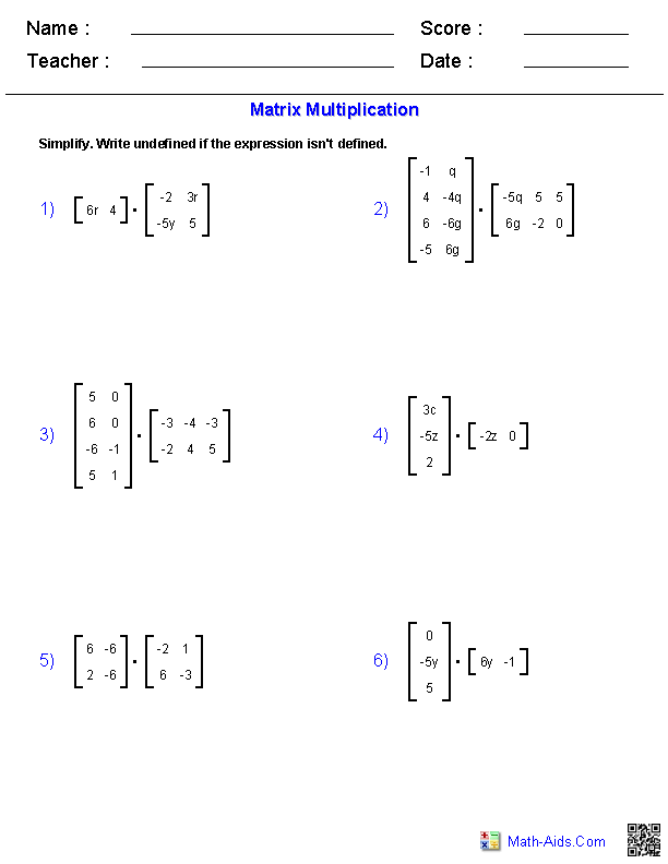 Adding Subtracting Scalar Multiplication And Matrix Multiplication Worksheets