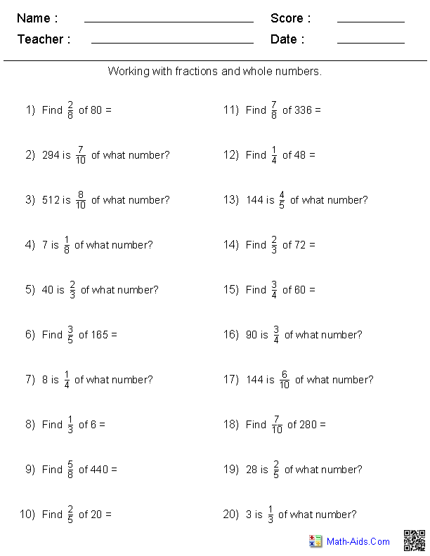 Whole Number Fraction Worksheets