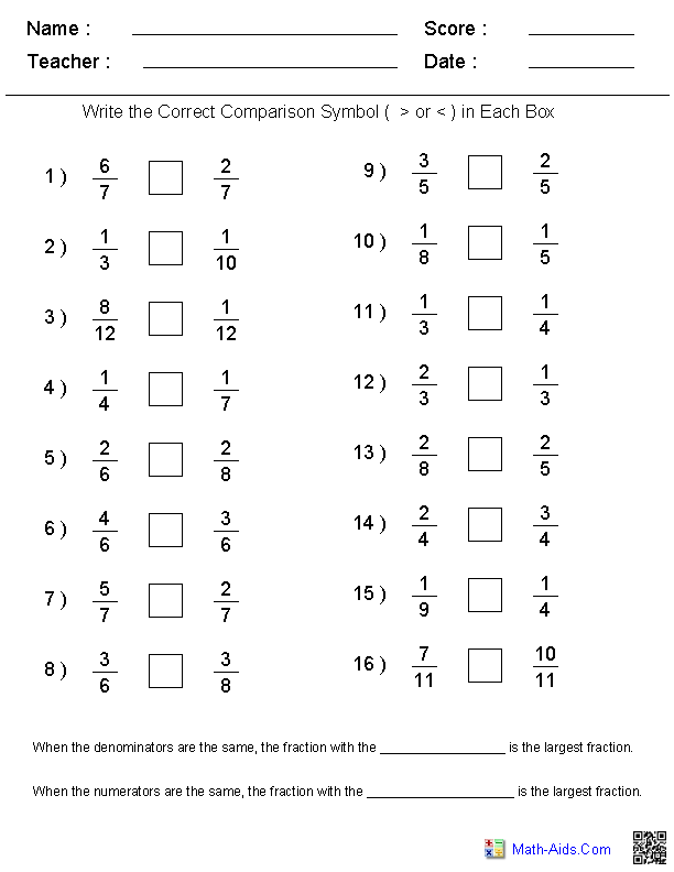 Comparing Fractions With Different Denominators Worksheet for 3rd