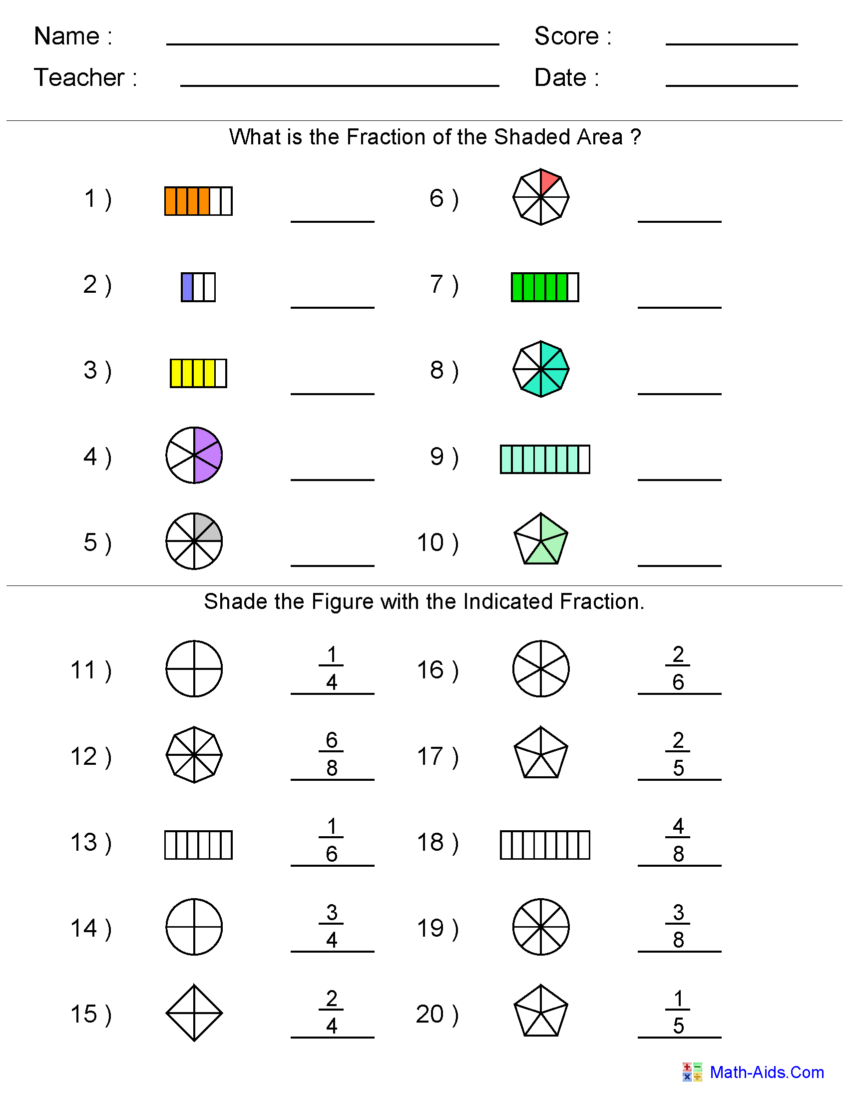 elementary math worksheets fractions