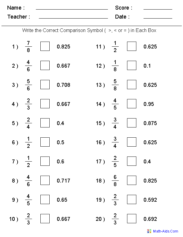 Free Printable Math Worksheets Decimals To Fractions