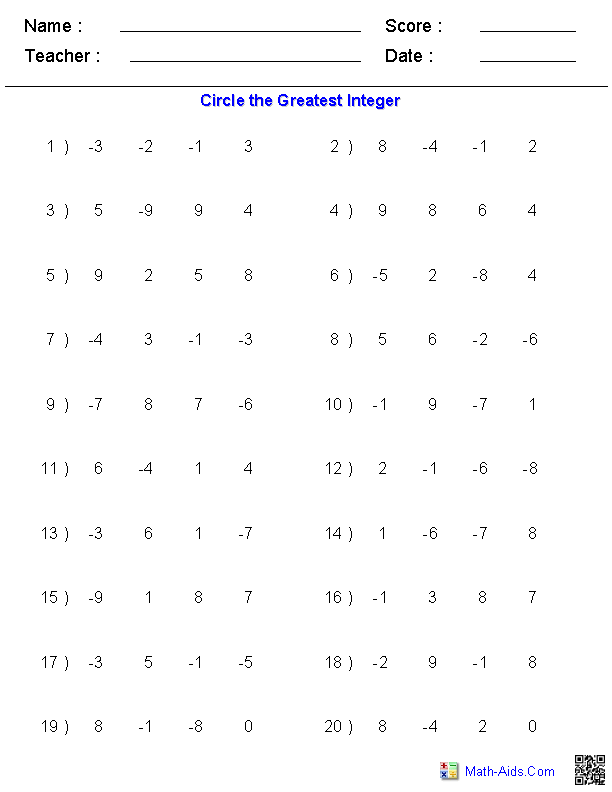 integers worksheets grade 7