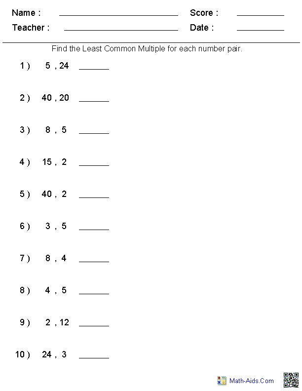 Least Common Multiple 5th Grade Worksheets
