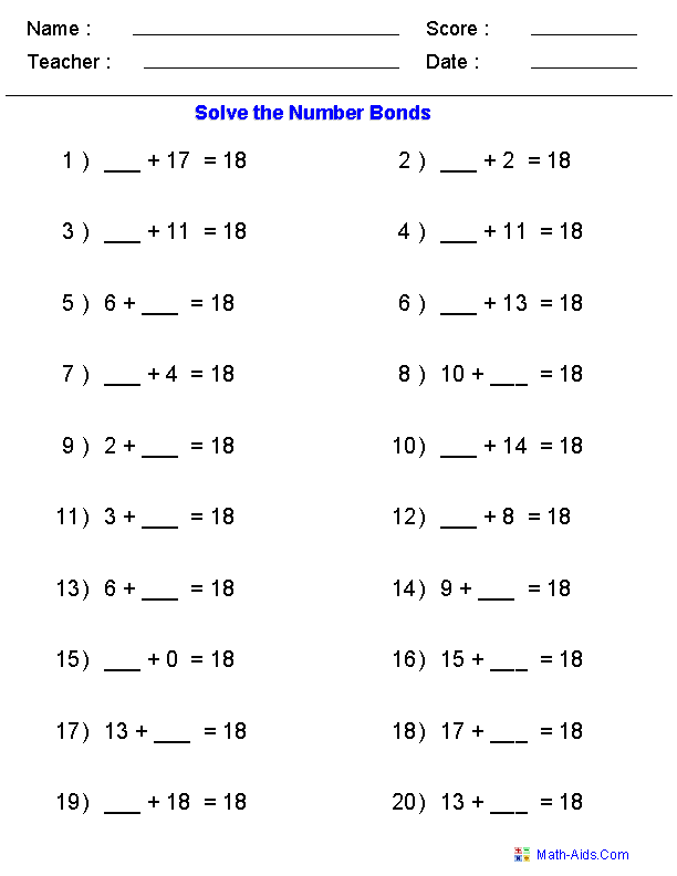 Number Bonds Worksheets | Printable Number Bonds Worksheets