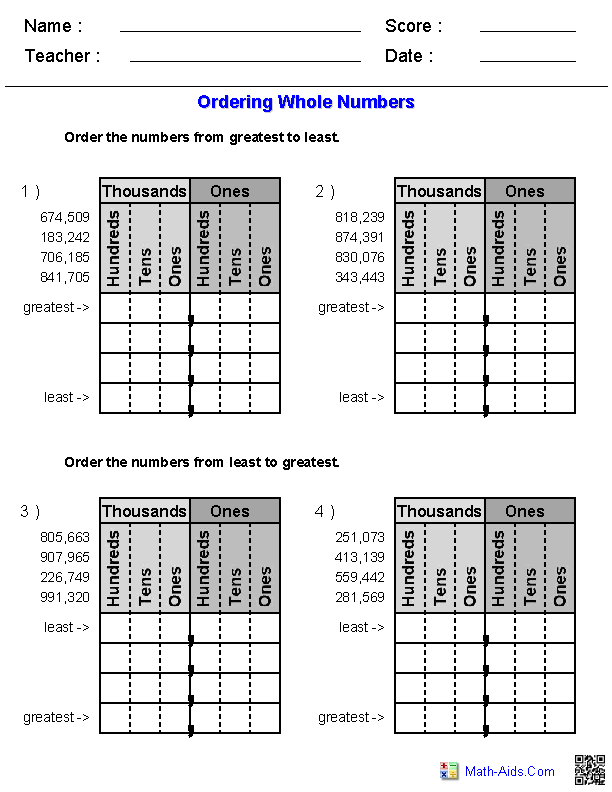 Worksheets Free Ordering Whole Number 4 Digits