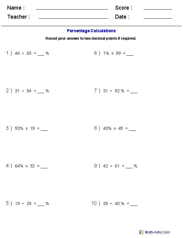 7th Grade Percentage Worksheets With Answers - Preschool & K Worksheets