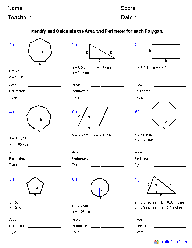 Geometry Worksheets | Area and Perimeter Worksheets