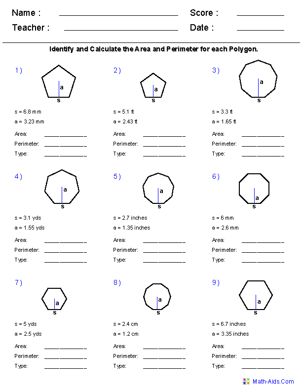 Area Of A Regular Polygon Worksheets