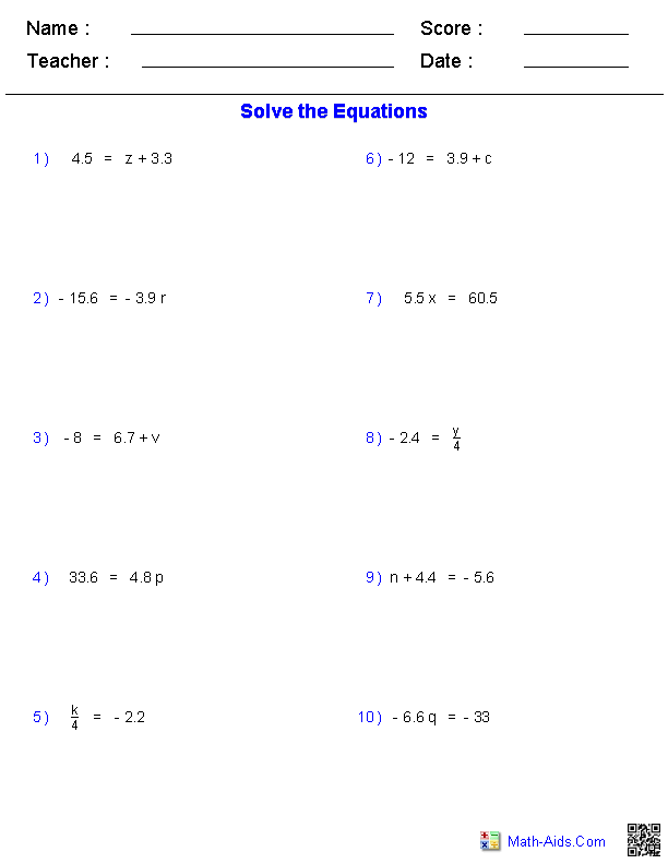 Free Math Worksheets For Algebraic Equations