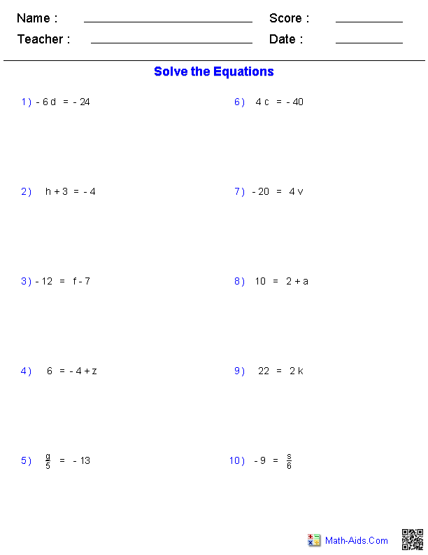 Pre Algebra One Step Equations Integers 